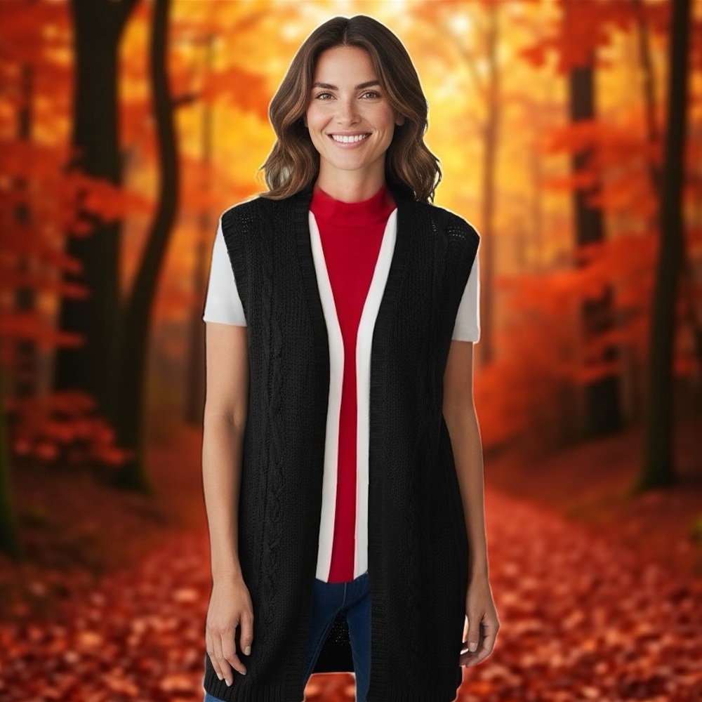 Retro G.H. Bass & Co Black Open Front Thick Cardigan Sleeveless Sweater Vest NWT